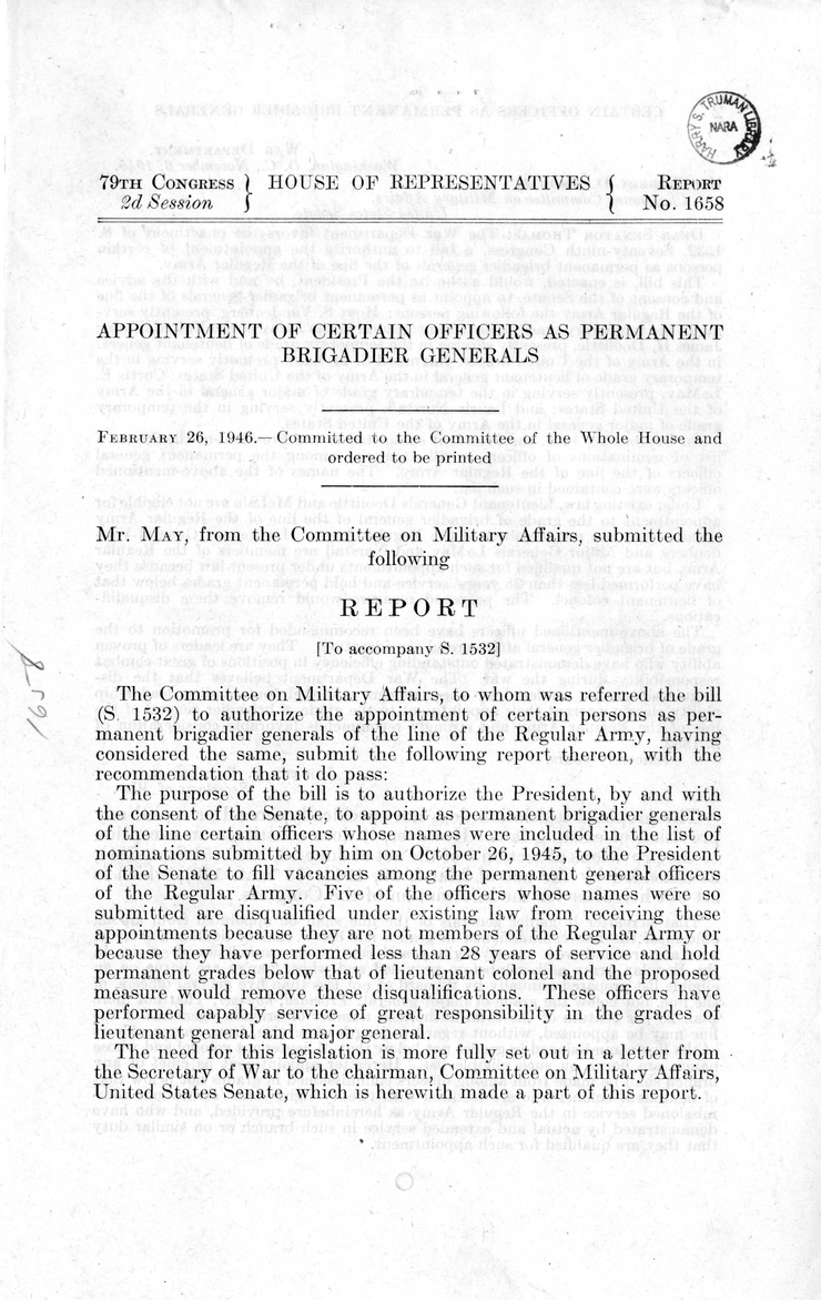 Memorandum from Harold D. Smith to M. C. Latta, S. 1532, To Authorize the Appointment of Certain Persons as Permanent Brigadier Generals of the Line of the Regular Army, with Attachments