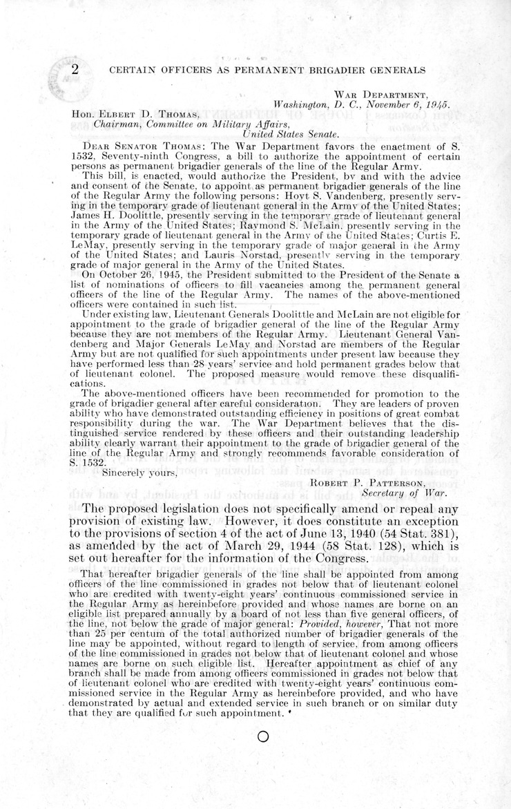 Memorandum from Harold D. Smith to M. C. Latta, S. 1532, To Authorize the Appointment of Certain Persons as Permanent Brigadier Generals of the Line of the Regular Army, with Attachments