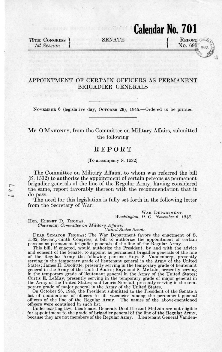 Memorandum from Harold D. Smith to M. C. Latta, S. 1532, To Authorize the Appointment of Certain Persons as Permanent Brigadier Generals of the Line of the Regular Army, with Attachments