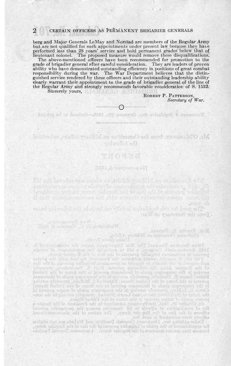 Memorandum from Harold D. Smith to M. C. Latta, S. 1532, To Authorize the Appointment of Certain Persons as Permanent Brigadier Generals of the Line of the Regular Army, with Attachments