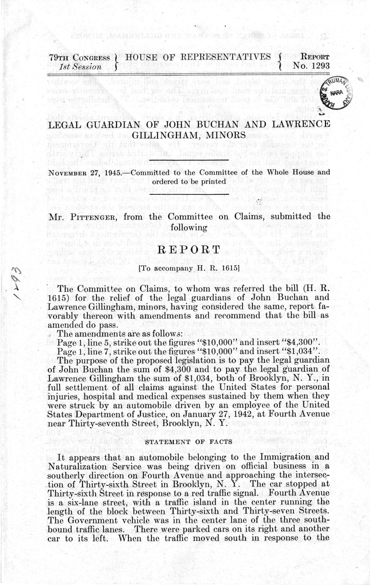 Memorandum from Frederick J. Bailey to M. C. Latta, H. R. 1615, For the Relief of the Legal Guardians of John Buchan and Lawrence Gillingham, Minors, with Attachments