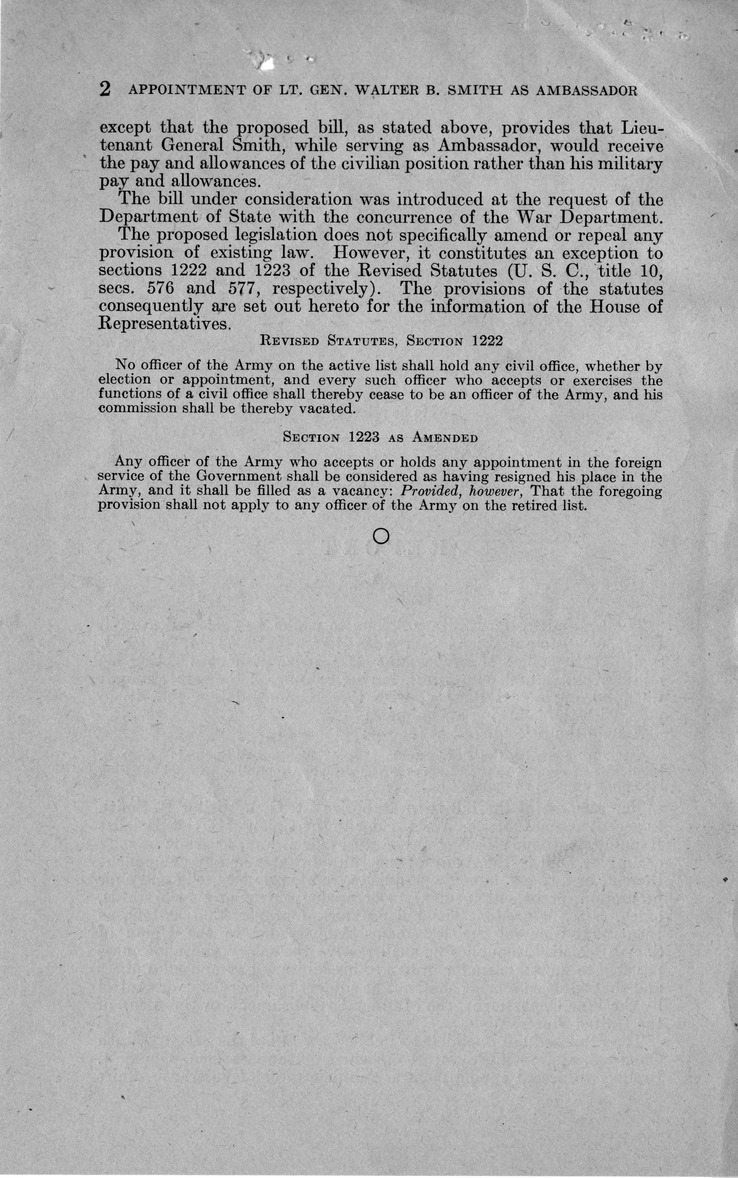 Memorandum from Frederick J. Bailey to M. C. Latta, H. R. 5529, To Authorize the President to Appoint Lieutenant General Walter B. Smith as Ambassador to the Union of Soviet Socialist Republics, Without Affecting His Military Status and Perquisites, with Attachments