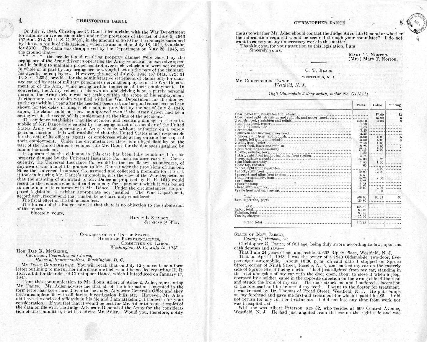 Memorandum from Frederick J. Bailey to M. C. Latta, H. R. 1613, For the Relief of Christopher Dance, with Attachments