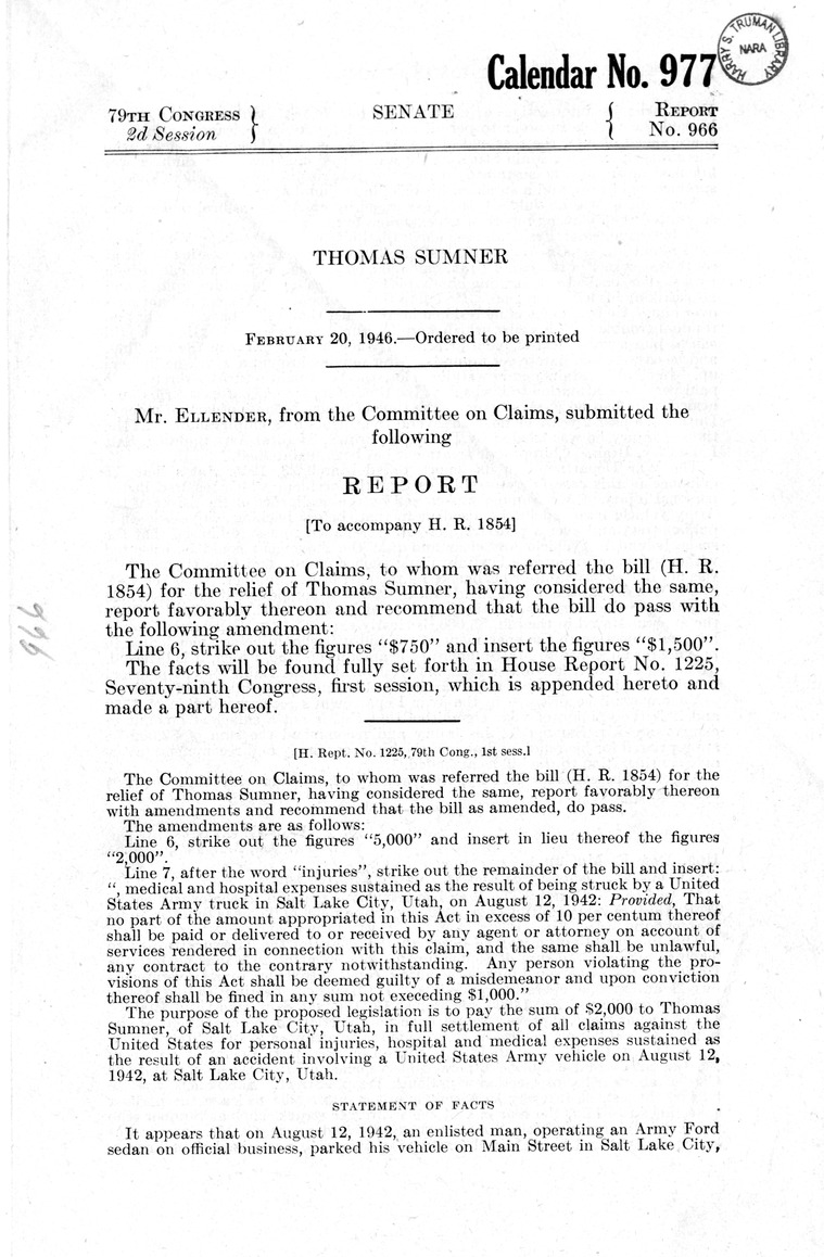 Memorandum from Frederick J. Bailey to M. C. Latta, H. R. 1854, For the Relief of Thomas Sumner, with Attachments