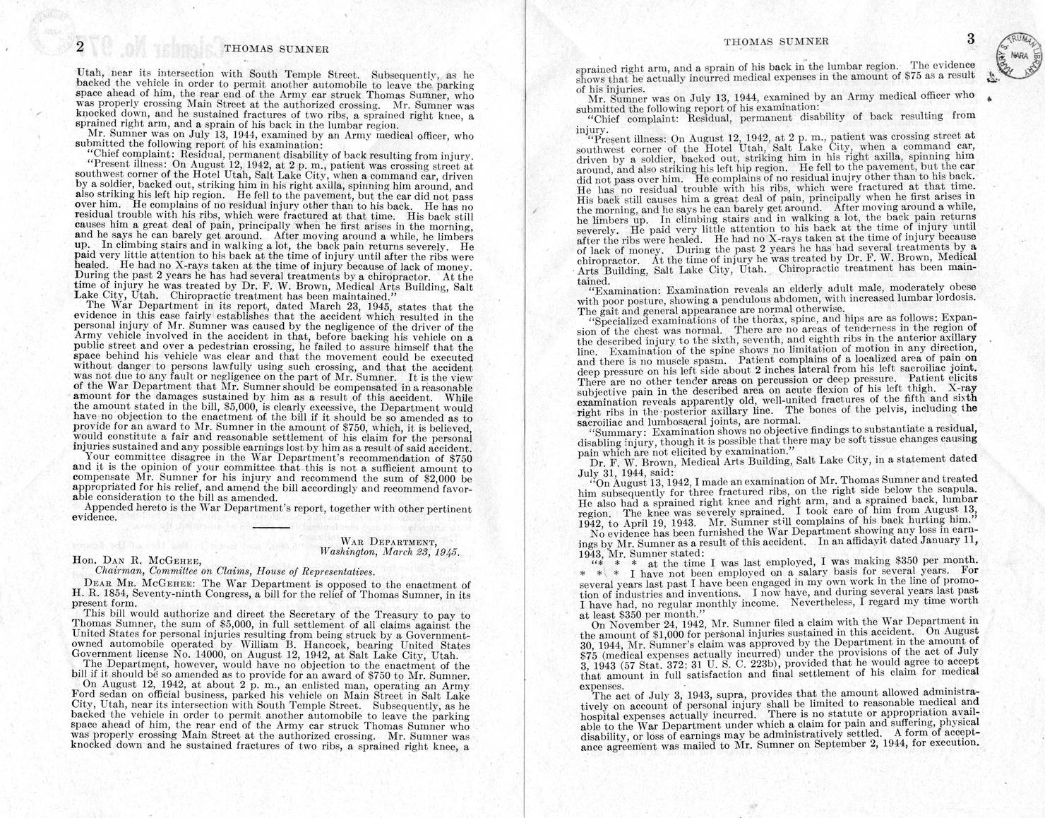 Memorandum from Frederick J. Bailey to M. C. Latta, H. R. 1854, For the Relief of Thomas Sumner, with Attachments