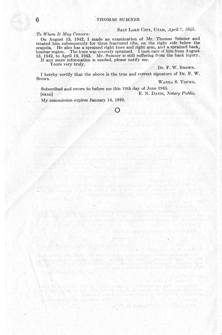 Memorandum from Frederick J. Bailey to M. C. Latta, H. R. 1854, For the Relief of Thomas Sumner, with Attachments