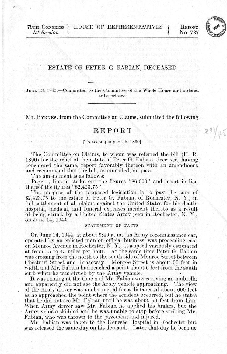 Memorandum from Frederick J. Bailey to M. C. Latta, H. R. 1890, For the Relief of the Estate of Peter G. Fabian, Deceased, with Attachments