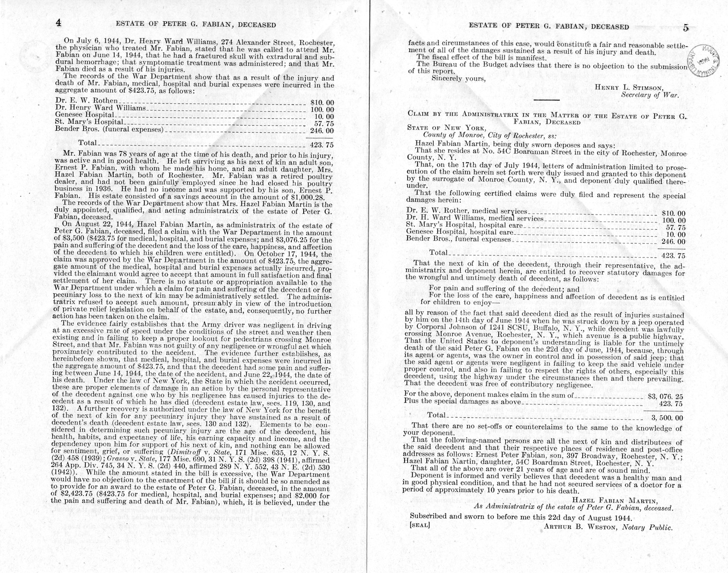 Memorandum from Frederick J. Bailey to M. C. Latta, H. R. 1890, For the Relief of the Estate of Peter G. Fabian, Deceased, with Attachments