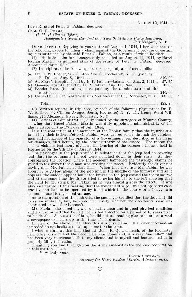 Memorandum from Frederick J. Bailey to M. C. Latta, H. R. 1890, For the Relief of the Estate of Peter G. Fabian, Deceased, with Attachments