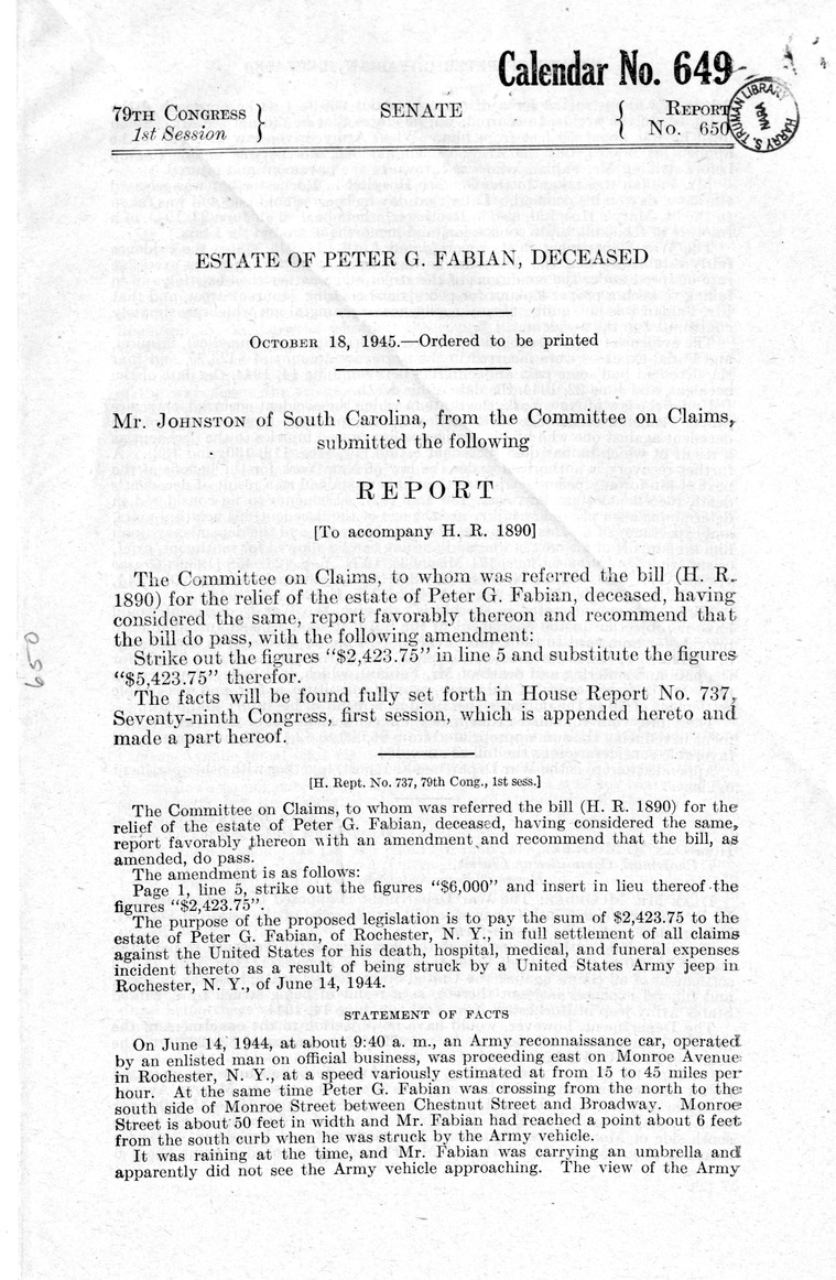 Memorandum from Frederick J. Bailey to M. C. Latta, H. R. 1890, For the Relief of the Estate of Peter G. Fabian, Deceased, with Attachments