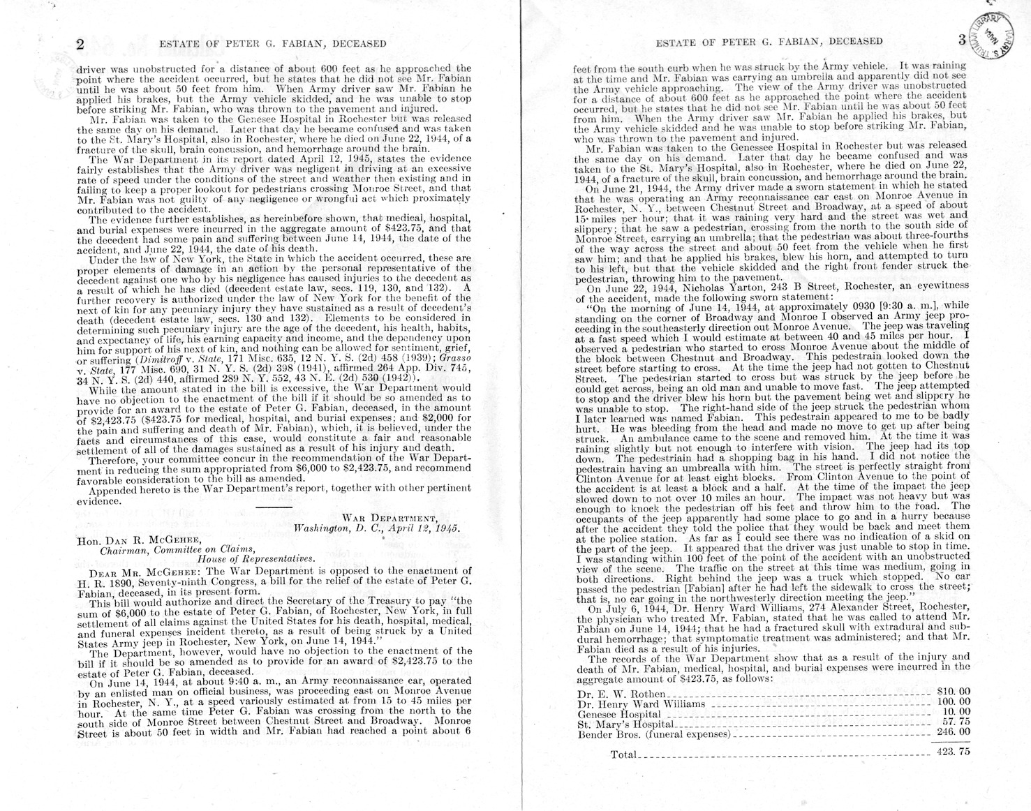 Memorandum from Frederick J. Bailey to M. C. Latta, H. R. 1890, For the Relief of the Estate of Peter G. Fabian, Deceased, with Attachments