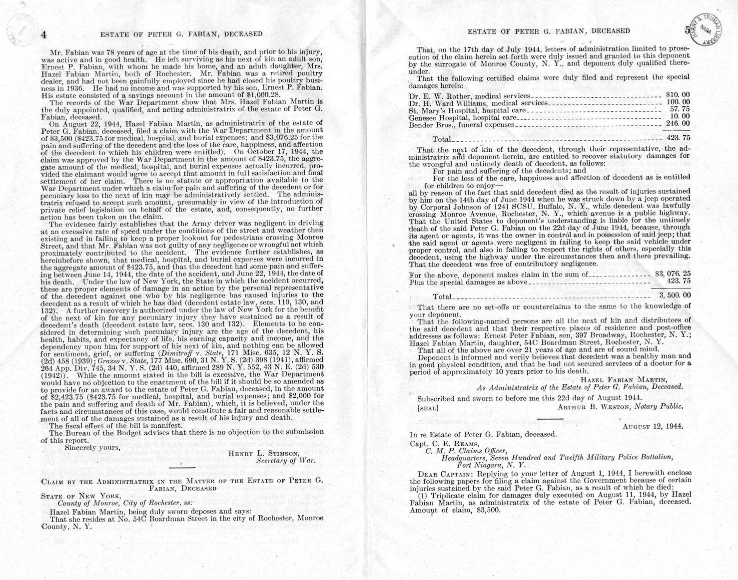 Memorandum from Frederick J. Bailey to M. C. Latta, H. R. 1890, For the Relief of the Estate of Peter G. Fabian, Deceased, with Attachments