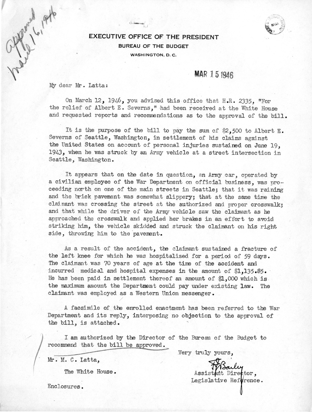 Memorandum from Frederick J. Bailey to M. C. Latta, H. R. 2335, For the Relief of Albert E. Severns, with Attachments
