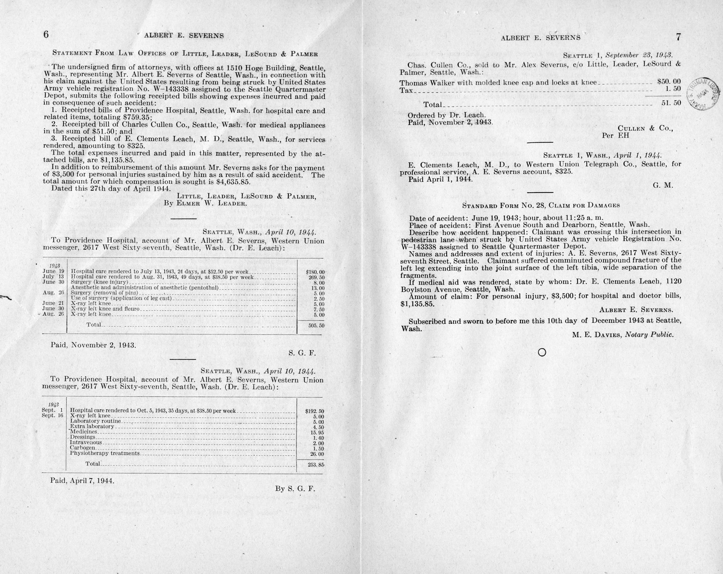 Memorandum from Frederick J. Bailey to M. C. Latta, H. R. 2335, For the Relief of Albert E. Severns, with Attachments