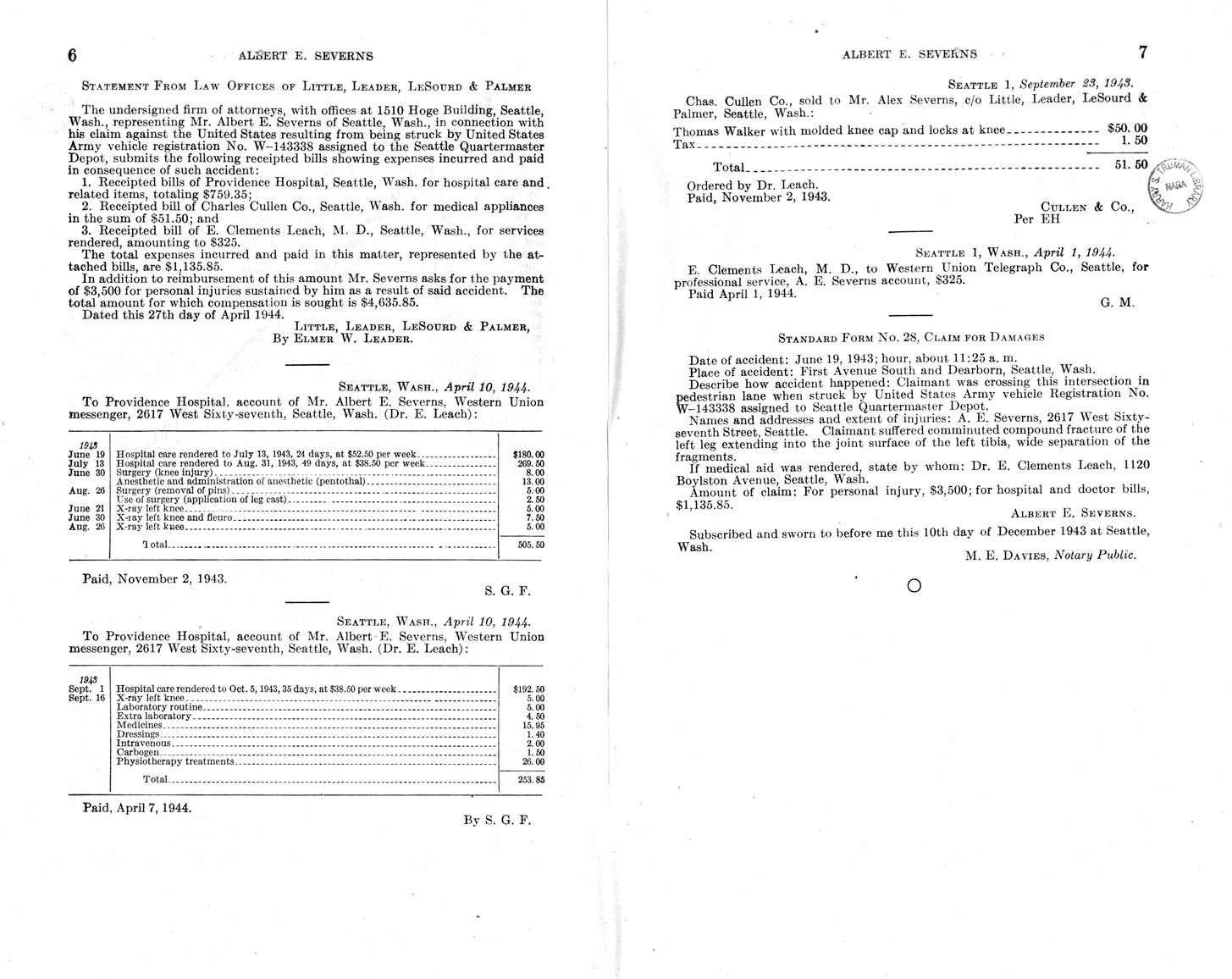 Memorandum from Frederick J. Bailey to M. C. Latta, H. R. 2335, For the Relief of Albert E. Severns, with Attachments