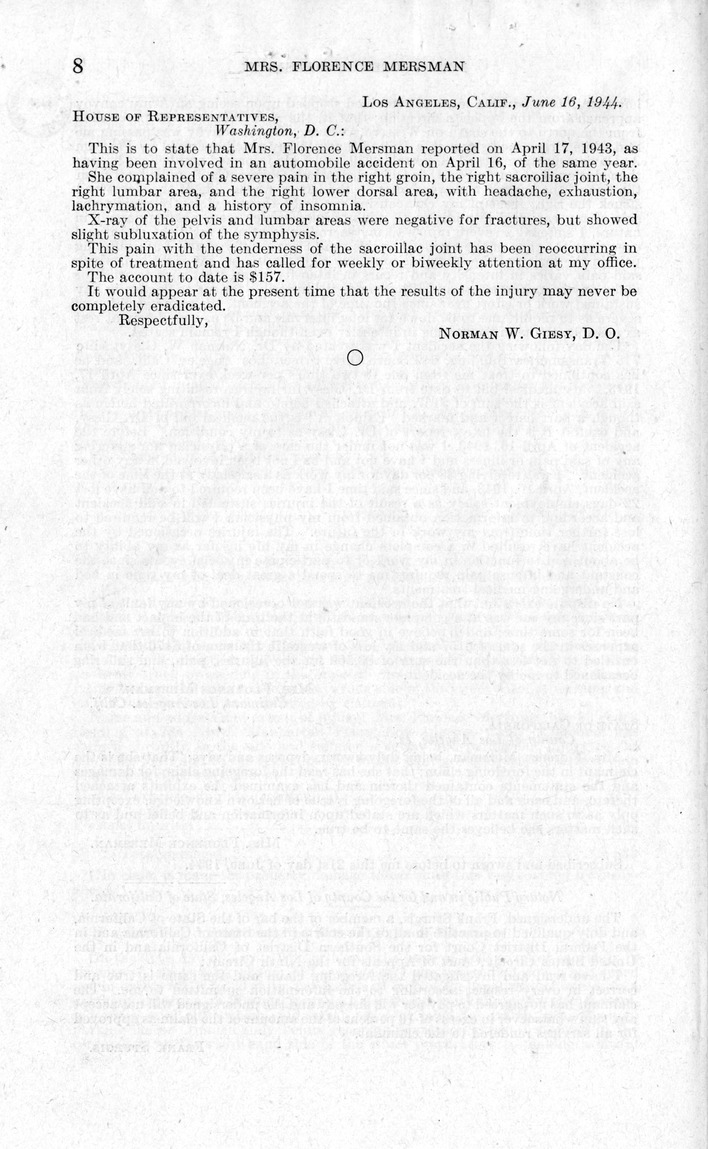 Memorandum from Frederick J. Bailey to M. C. Latta, H. R. 3791, For the Relief of Mrs. Florence Mersman, with Attachments