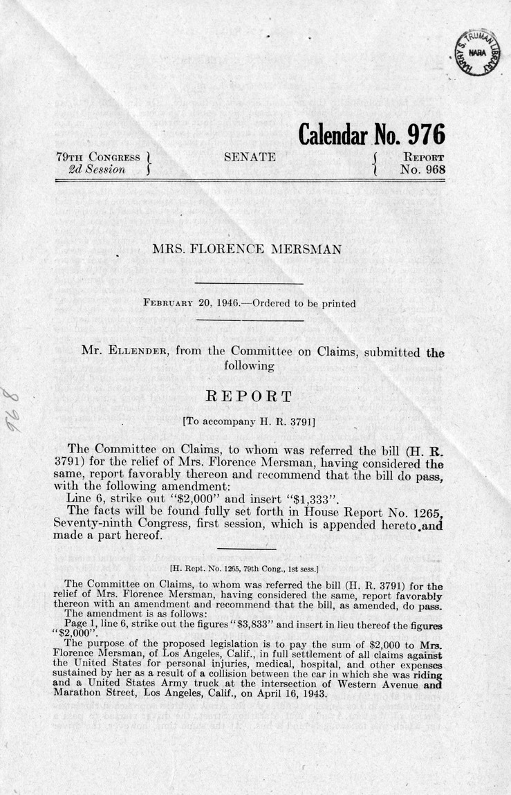 Memorandum from Frederick J. Bailey to M. C. Latta, H. R. 3791, For the Relief of Mrs. Florence Mersman, with Attachments