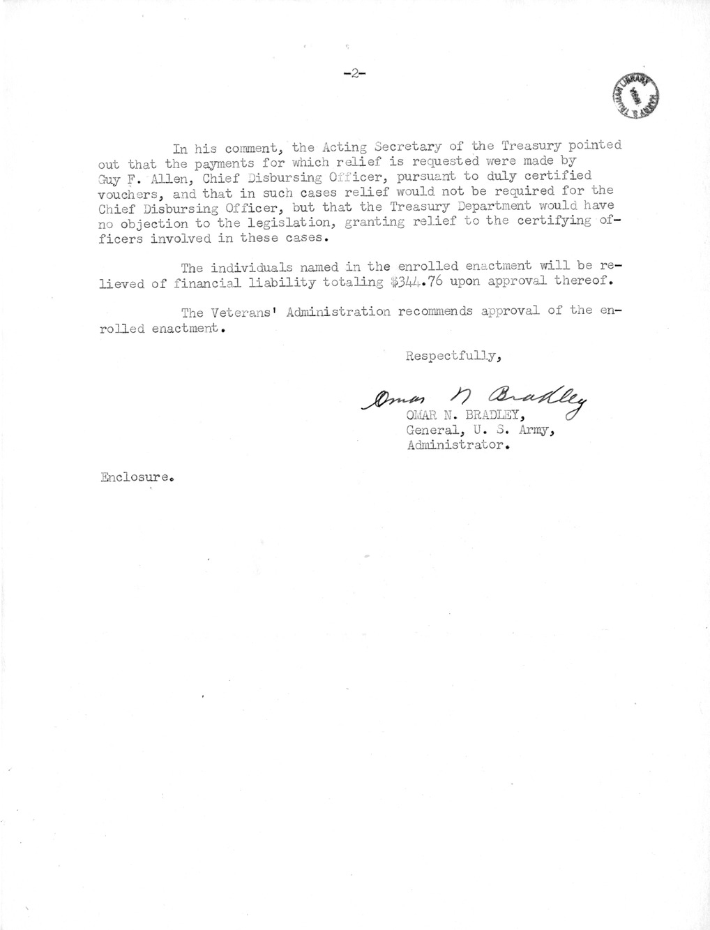 Memorandum from Frederick J. Bailey to M. C. Latta, H. R. 4884, To Relieve Certain Employees of the Veterans' Administration From Financial Liability for Certain Overpayments and Allow Such Credit Therefore as is Necessary in the Accounts of Guy F. Allen, Chief Disbursing Officer, with Attachments