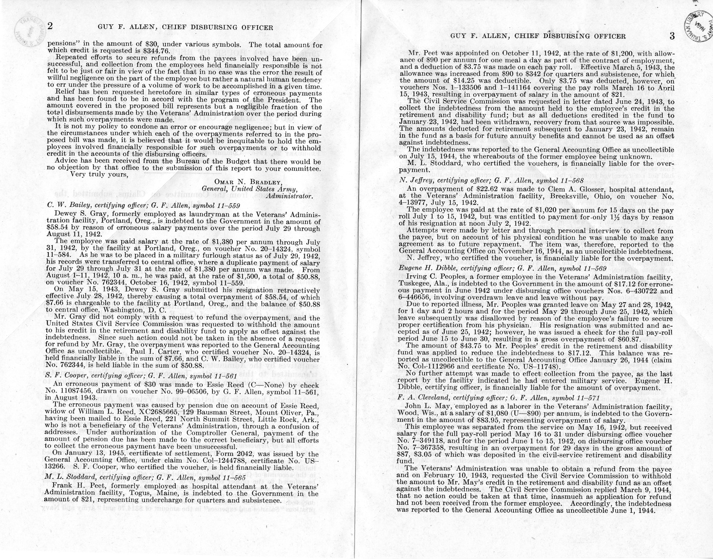 Memorandum from Frederick J. Bailey to M. C. Latta, H. R. 4884, To Relieve Certain Employees of the Veterans' Administration From Financial Liability for Certain Overpayments and Allow Such Credit Therefore as is Necessary in the Accounts of Guy F. Allen, Chief Disbursing Officer, with Attachments