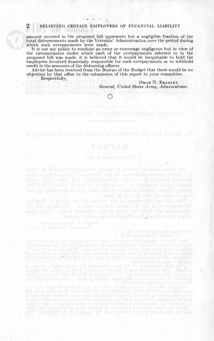 Memorandum from Frederick J. Bailey to M. C. Latta, H. R. 4884, To Relieve Certain Employees of the Veterans' Administration From Financial Liability for Certain Overpayments and Allow Such Credit Therefore as is Necessary in the Accounts of Guy F. Allen, Chief Disbursing Officer, with Attachments