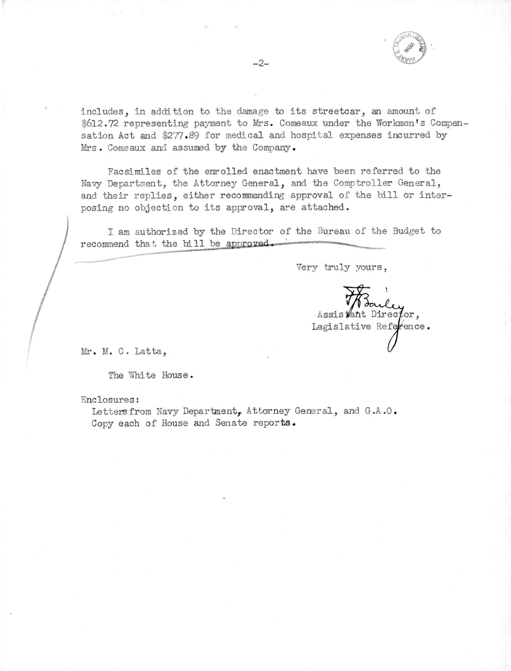 Memorandum from Frederick J. Bailey to M. C. Latta, H. R. 3224, For the Relief of Mrs. Lionel Comeaux and New Orleans Public Service, Incorporated, with Attachments