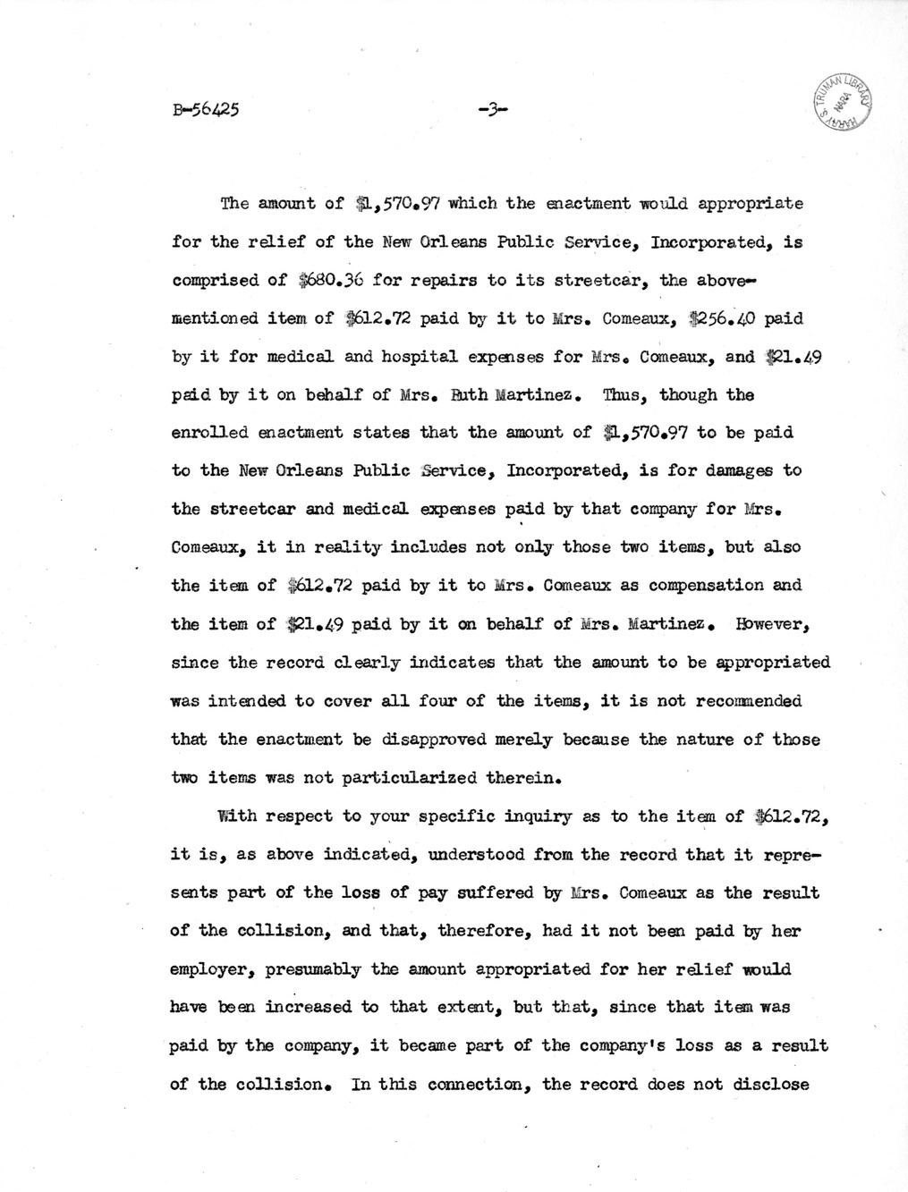 Memorandum from Frederick J. Bailey to M. C. Latta, H. R. 3224, For the Relief of Mrs. Lionel Comeaux and New Orleans Public Service, Incorporated, with Attachments