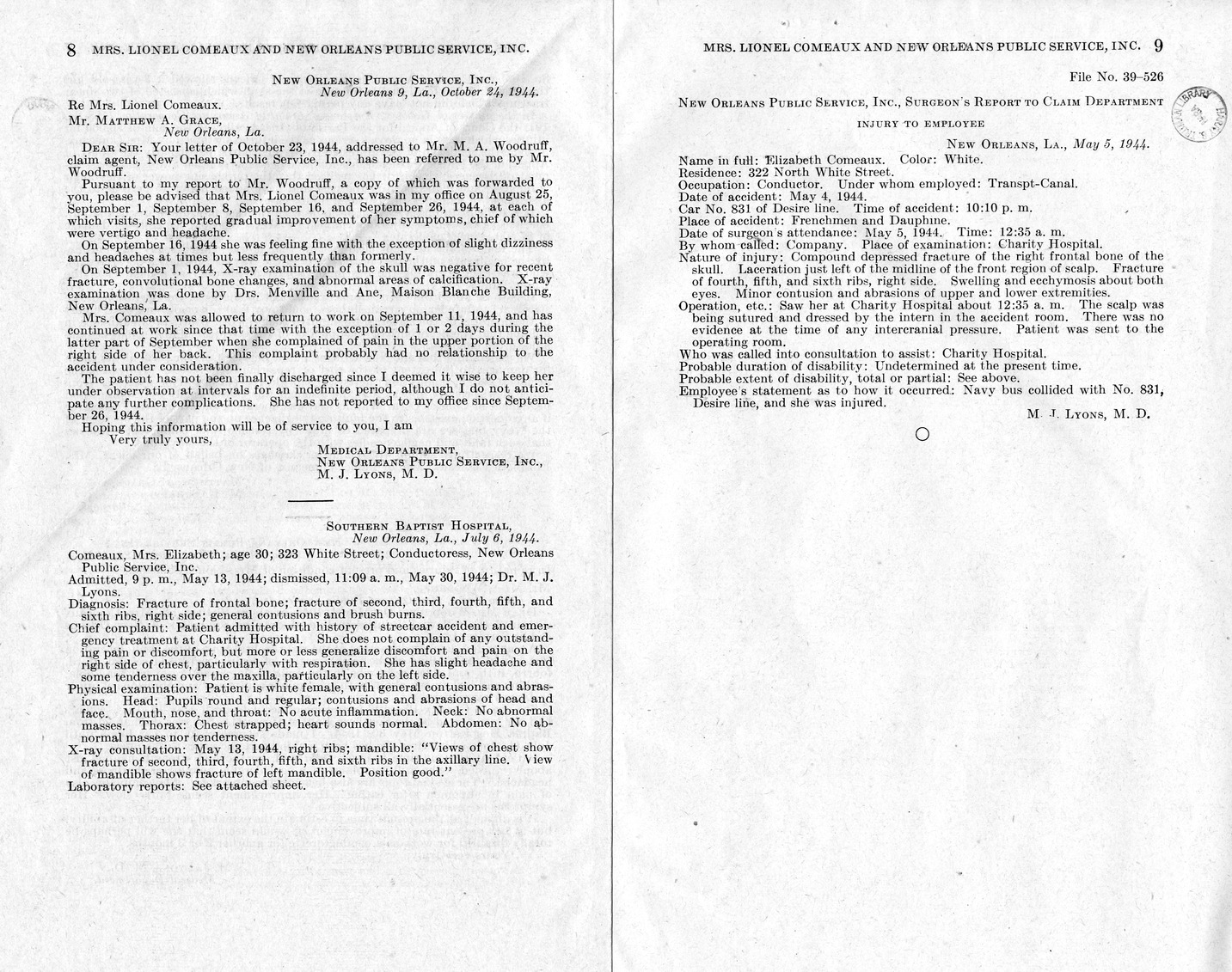 Memorandum from Frederick J. Bailey to M. C. Latta, H. R. 3224, For the Relief of Mrs. Lionel Comeaux and New Orleans Public Service, Incorporated, with Attachments