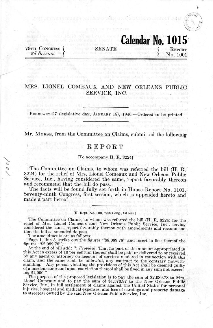 Memorandum from Frederick J. Bailey to M. C. Latta, H. R. 3224, For the Relief of Mrs. Lionel Comeaux and New Orleans Public Service, Incorporated, with Attachments