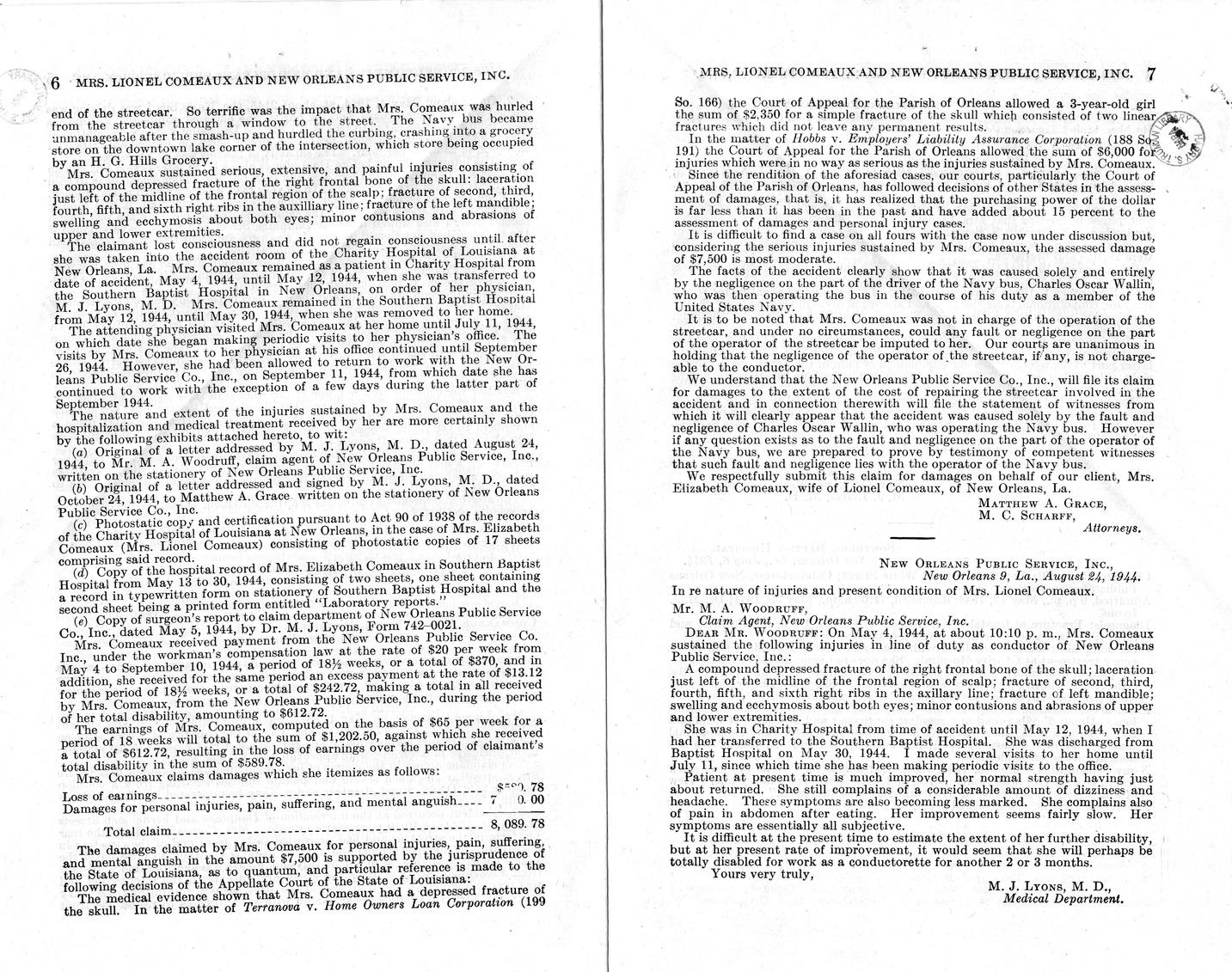 Memorandum from Frederick J. Bailey to M. C. Latta, H. R. 3224, For the Relief of Mrs. Lionel Comeaux and New Orleans Public Service, Incorporated, with Attachments