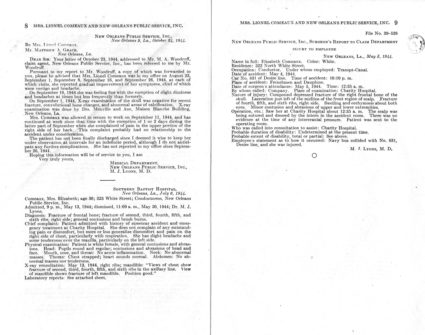 Memorandum from Frederick J. Bailey to M. C. Latta, H. R. 3224, For the Relief of Mrs. Lionel Comeaux and New Orleans Public Service, Incorporated, with Attachments