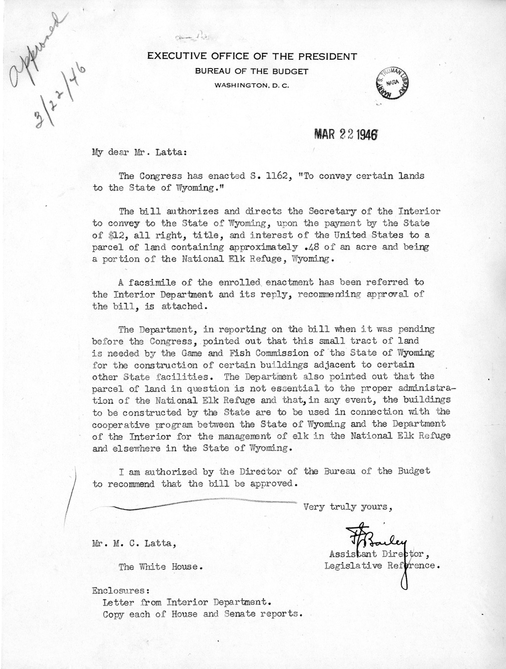 Memorandum from Frederick J. Bailey to M. C. Latta, S. 1162, To Convey Certain Lands to the State of Wyoming, with Attachments