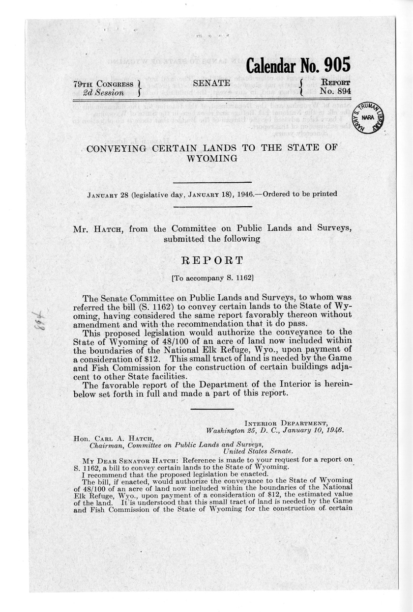 Memorandum from Frederick J. Bailey to M. C. Latta, S. 1162, To Convey Certain Lands to the State of Wyoming, with Attachments