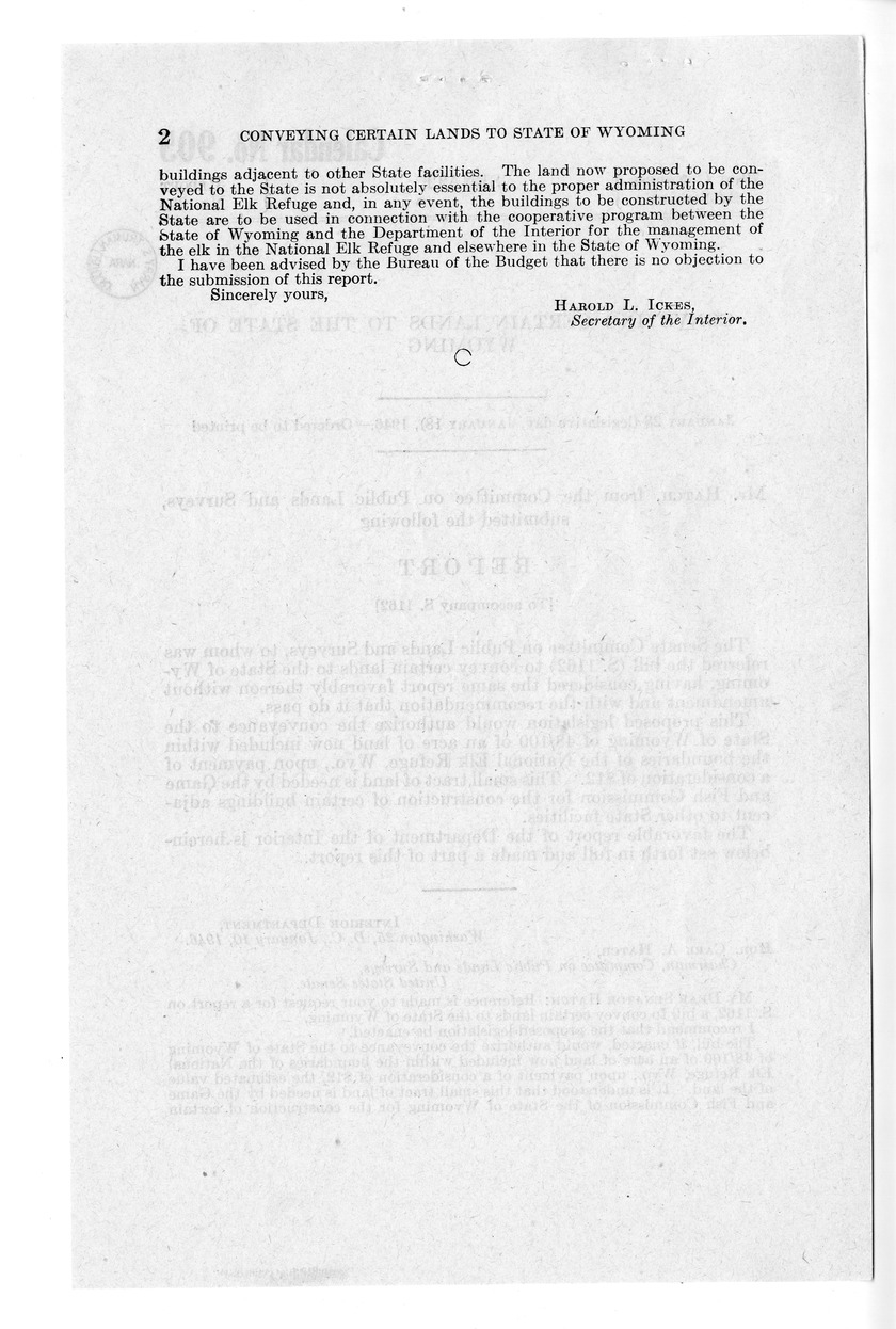 Memorandum from Frederick J. Bailey to M. C. Latta, S. 1162, To Convey Certain Lands to the State of Wyoming, with Attachments