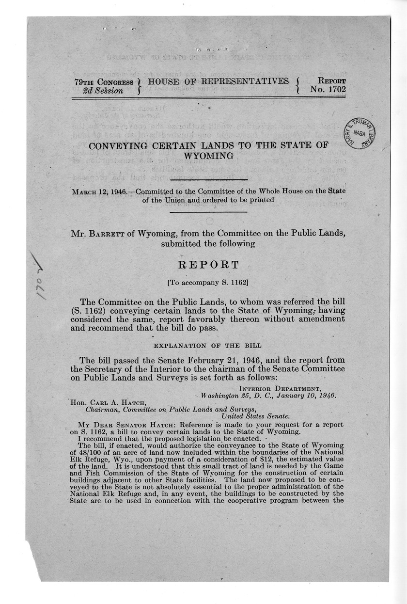 Memorandum from Frederick J. Bailey to M. C. Latta, S. 1162, To Convey Certain Lands to the State of Wyoming, with Attachments