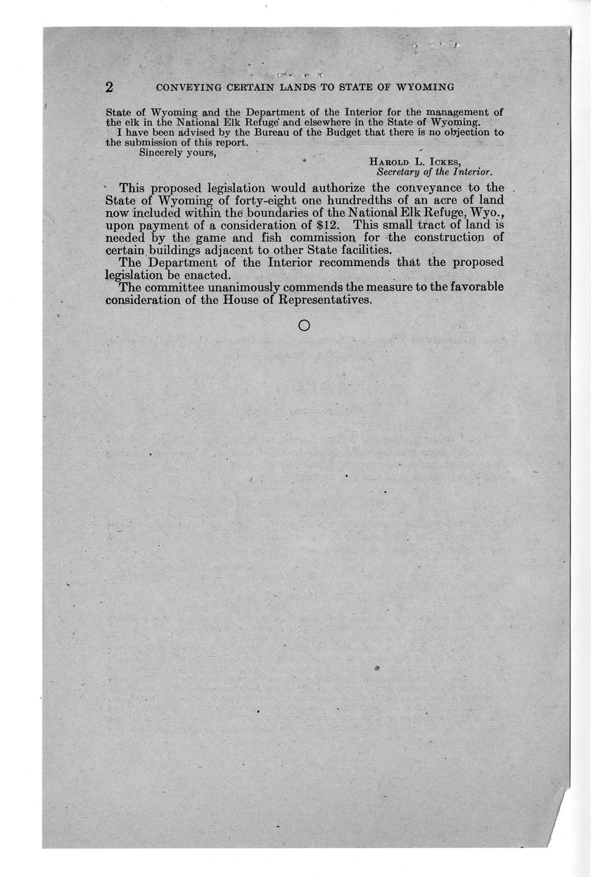 Memorandum from Frederick J. Bailey to M. C. Latta, S. 1162, To Convey Certain Lands to the State of Wyoming, with Attachments