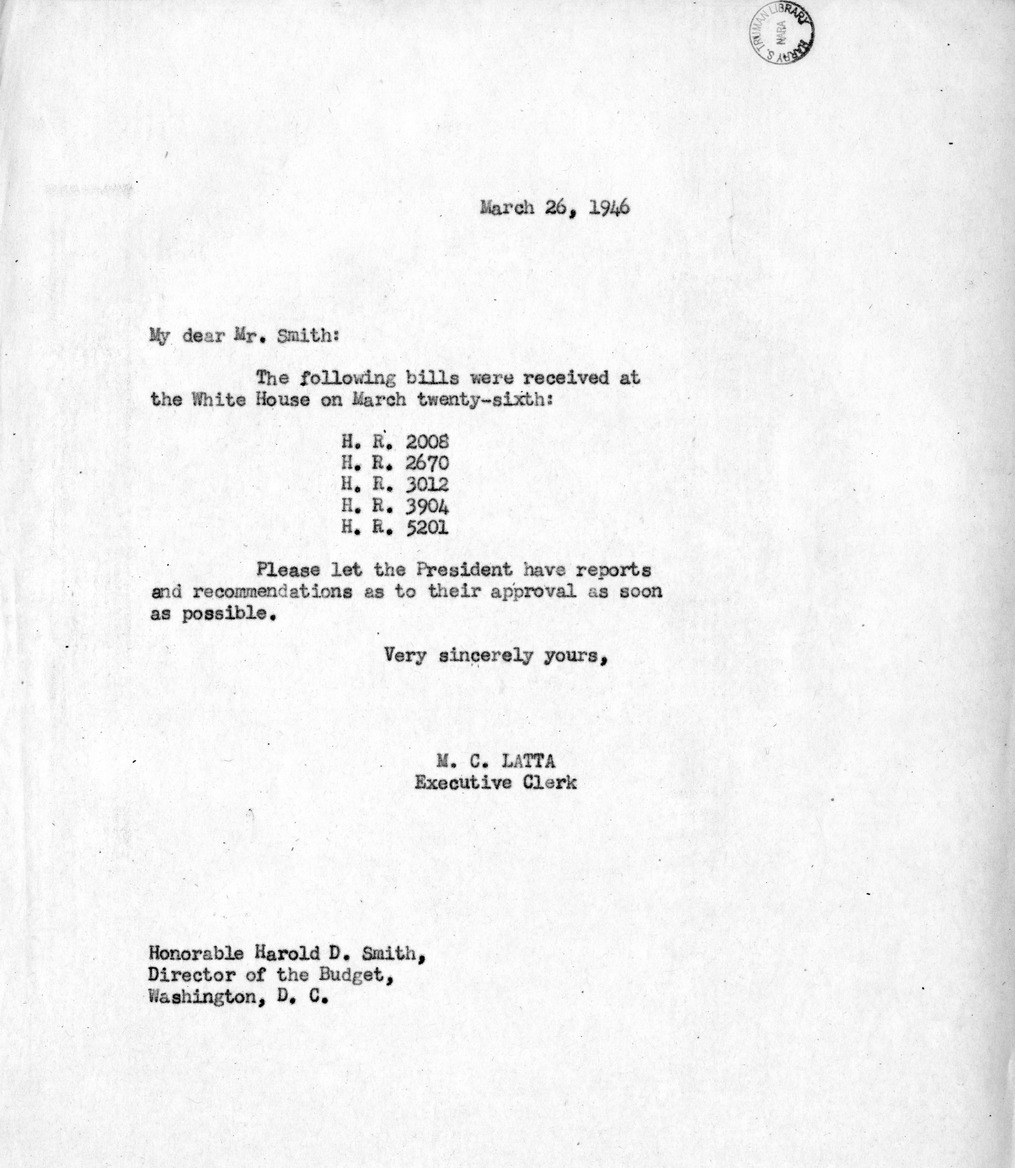 Memorandum from M.C. Latta to Harold D. Smith