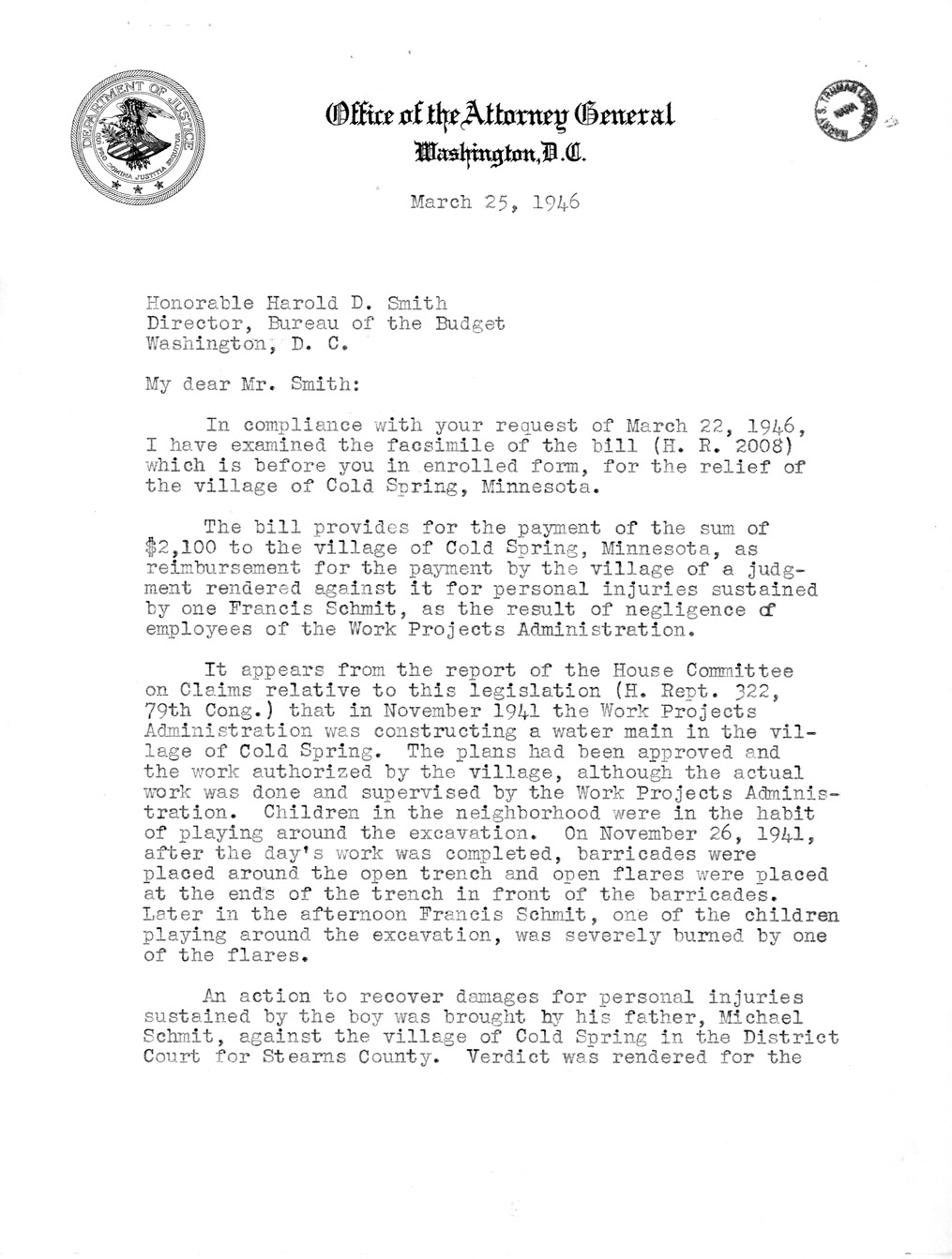 Memorandum from Frederick J. Bailey to M. C. Latta, H. R. 2008, For the Relief of the Village of Cold Spring, Minnesota, with Attachments