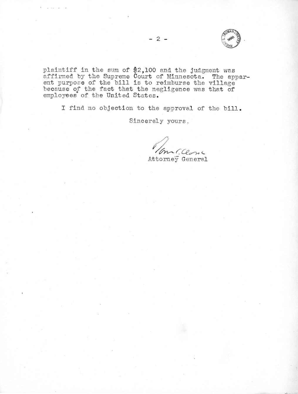 Memorandum from Frederick J. Bailey to M. C. Latta, H. R. 2008, For the Relief of the Village of Cold Spring, Minnesota, with Attachments