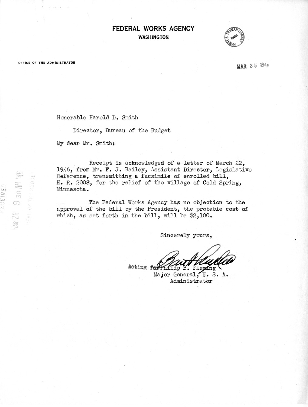 Memorandum from Frederick J. Bailey to M. C. Latta, H. R. 2008, For the Relief of the Village of Cold Spring, Minnesota, with Attachments