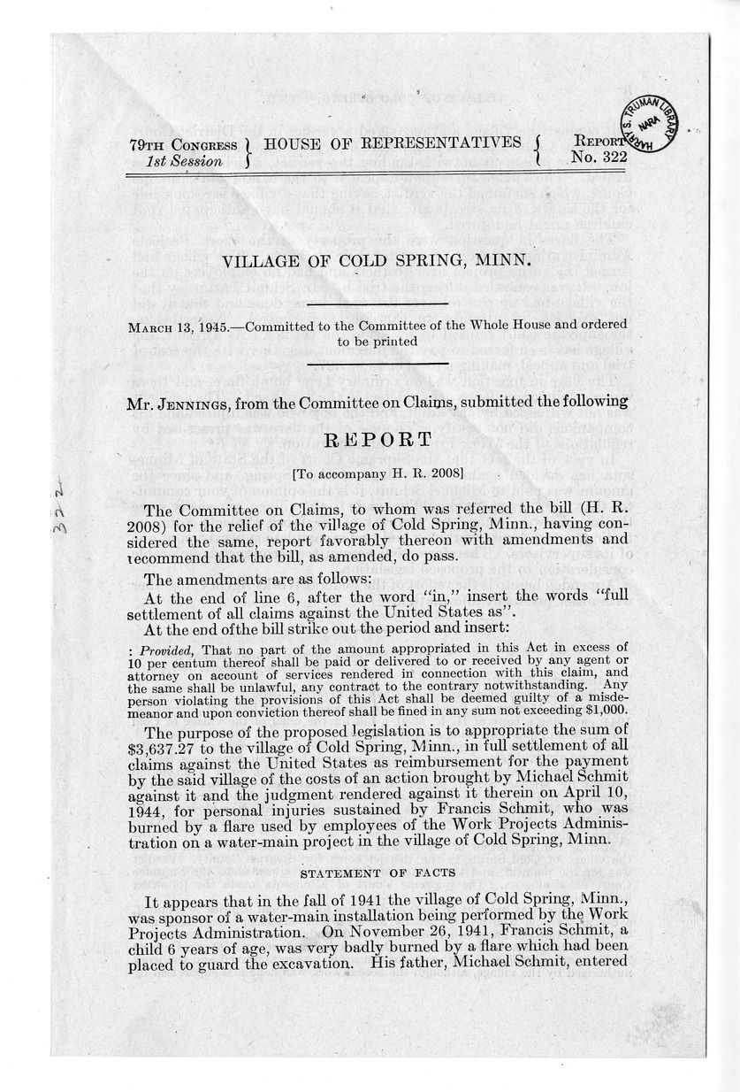 Memorandum from Frederick J. Bailey to M. C. Latta, H. R. 2008, For the Relief of the Village of Cold Spring, Minnesota, with Attachments