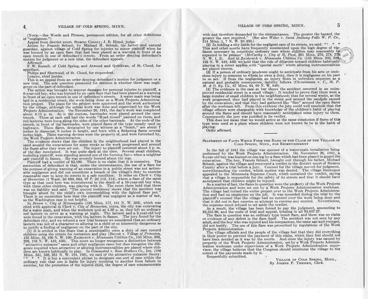 Memorandum from Frederick J. Bailey to M. C. Latta, H. R. 2008, For the Relief of the Village of Cold Spring, Minnesota, with Attachments