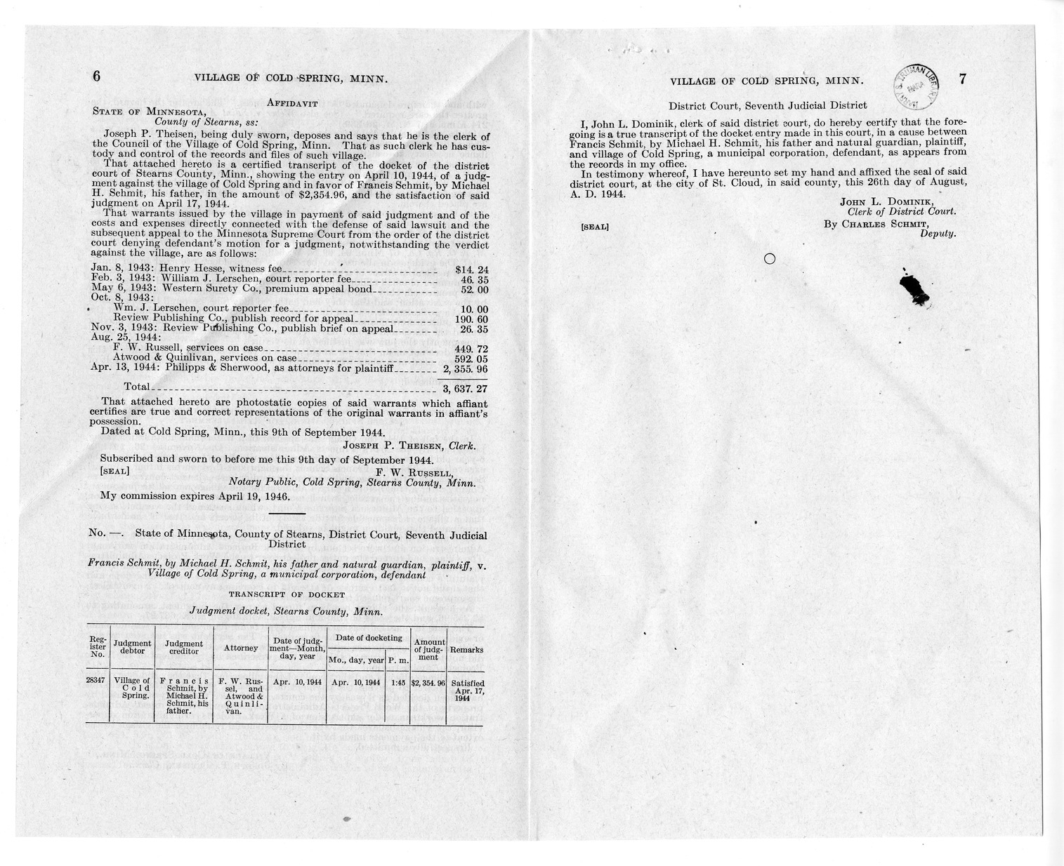 Memorandum from Frederick J. Bailey to M. C. Latta, H. R. 2008, For the Relief of the Village of Cold Spring, Minnesota, with Attachments