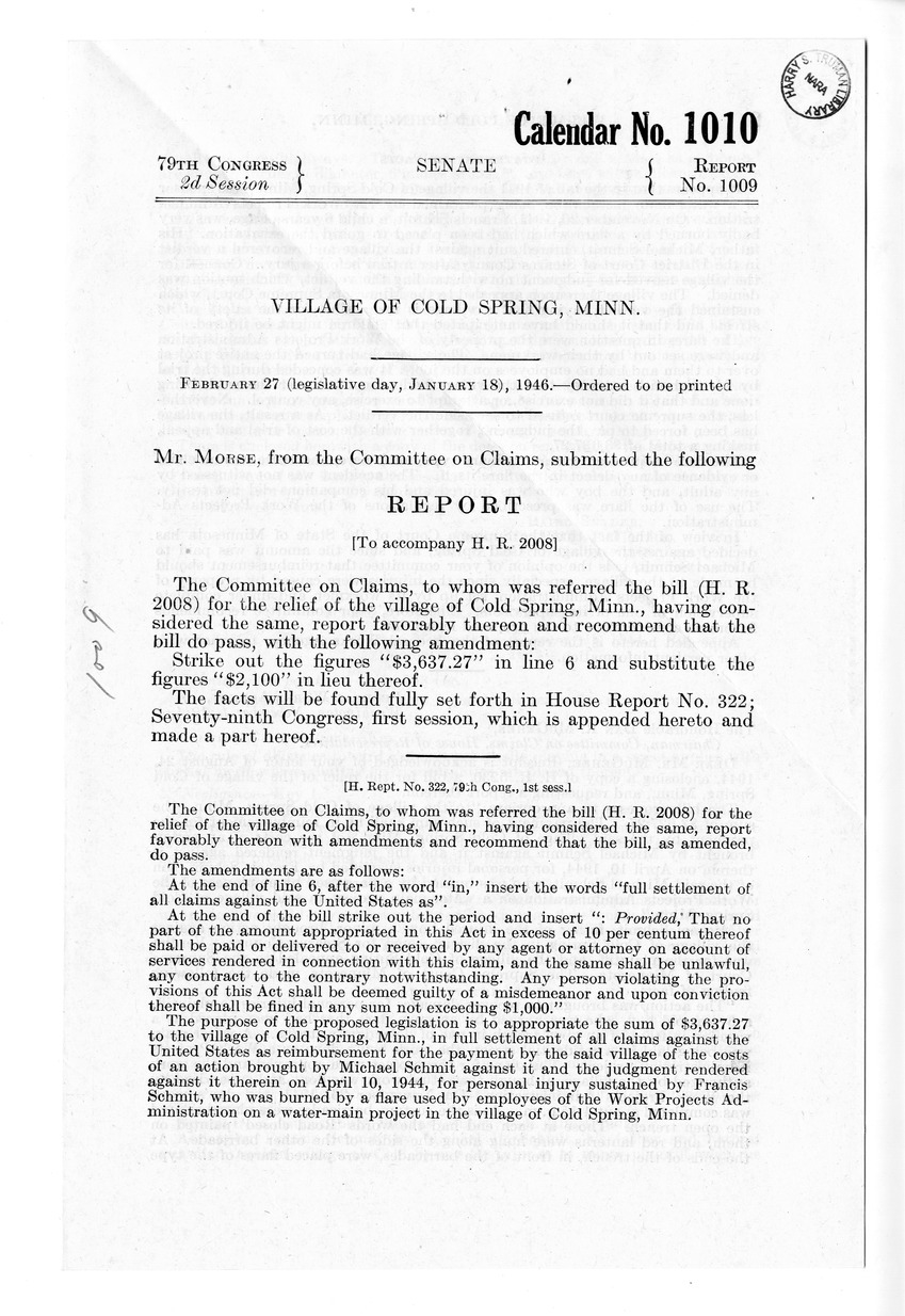 Memorandum from Frederick J. Bailey to M. C. Latta, H. R. 2008, For the Relief of the Village of Cold Spring, Minnesota, with Attachments