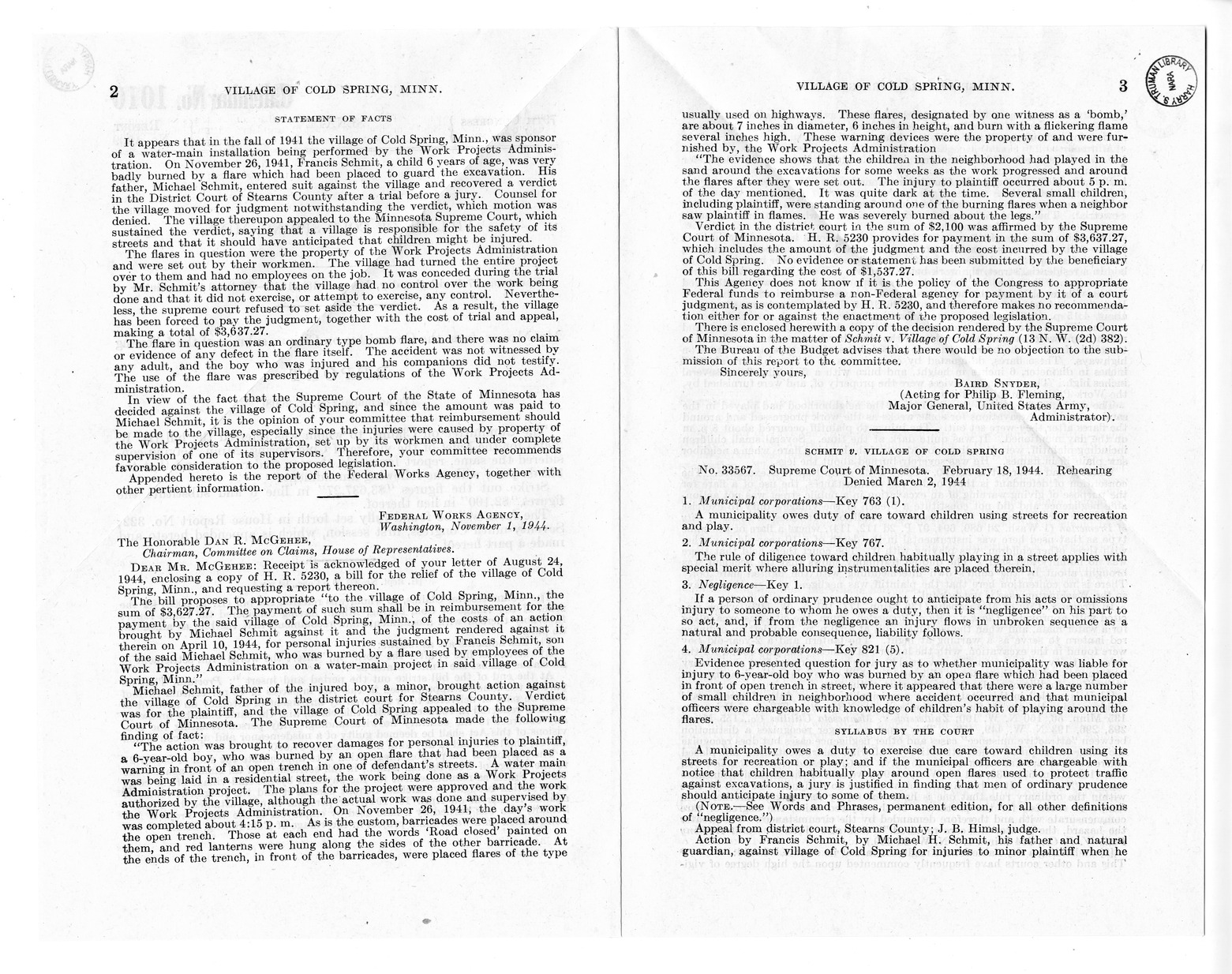 Memorandum from Frederick J. Bailey to M. C. Latta, H. R. 2008, For the Relief of the Village of Cold Spring, Minnesota, with Attachments