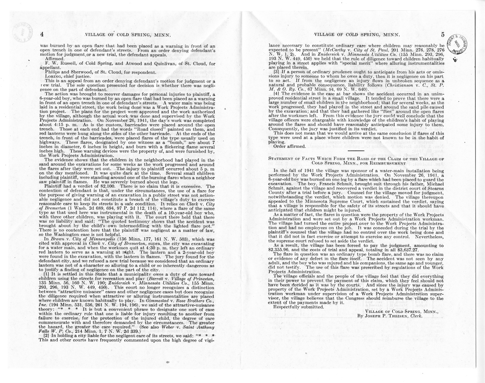 Memorandum from Frederick J. Bailey to M. C. Latta, H. R. 2008, For the Relief of the Village of Cold Spring, Minnesota, with Attachments