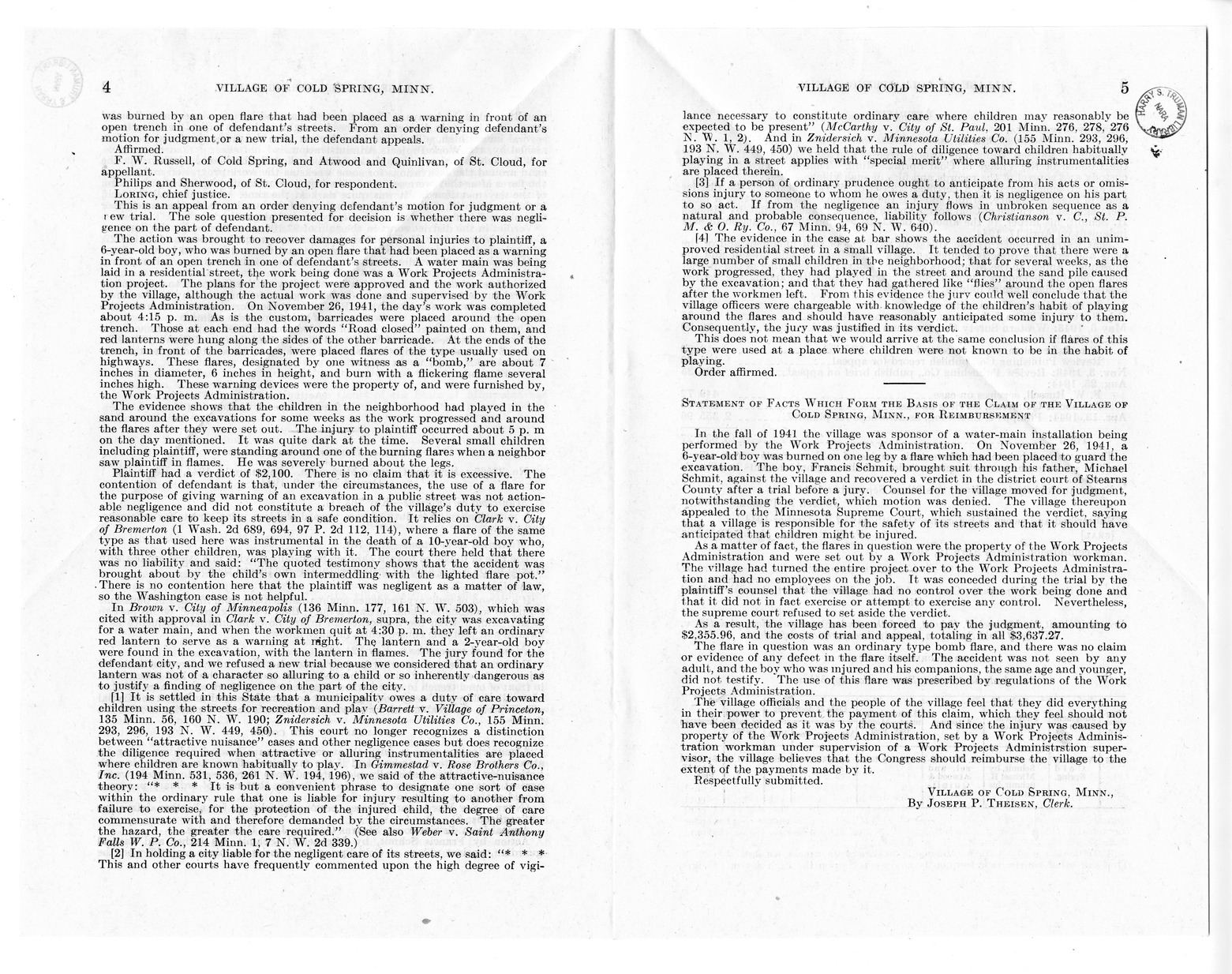 Memorandum from Frederick J. Bailey to M. C. Latta, H. R. 2008, For the Relief of the Village of Cold Spring, Minnesota, with Attachments