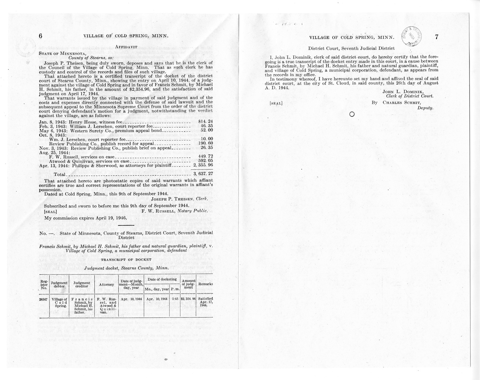 Memorandum from Frederick J. Bailey to M. C. Latta, H. R. 2008, For the Relief of the Village of Cold Spring, Minnesota, with Attachments