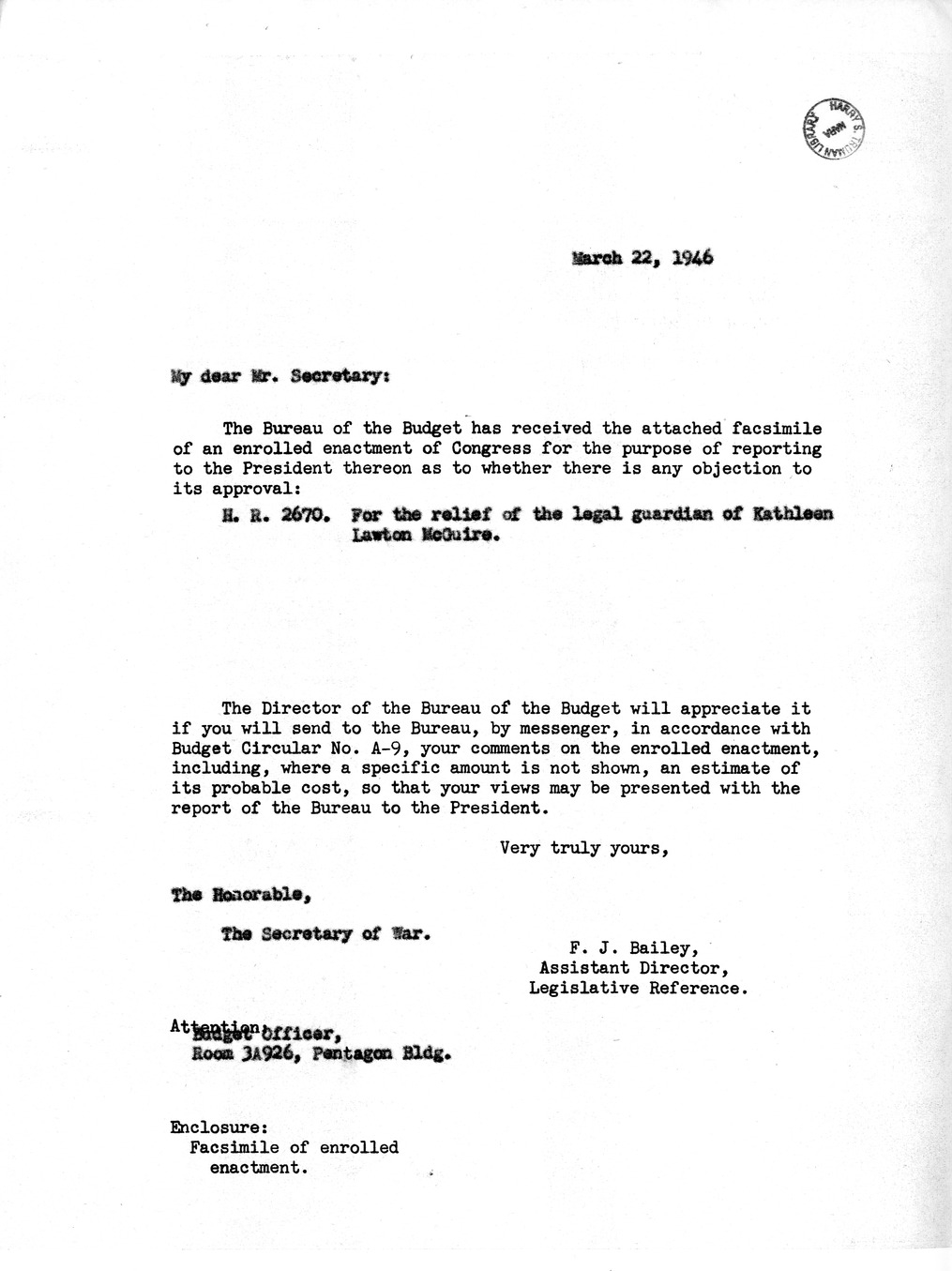 Memorandum from Frederick J. Bailey to M. C. Latta, H. R. 2670, For the Relief of the Legal Guardian of Kathleen Lawton McGuire, with Attachments