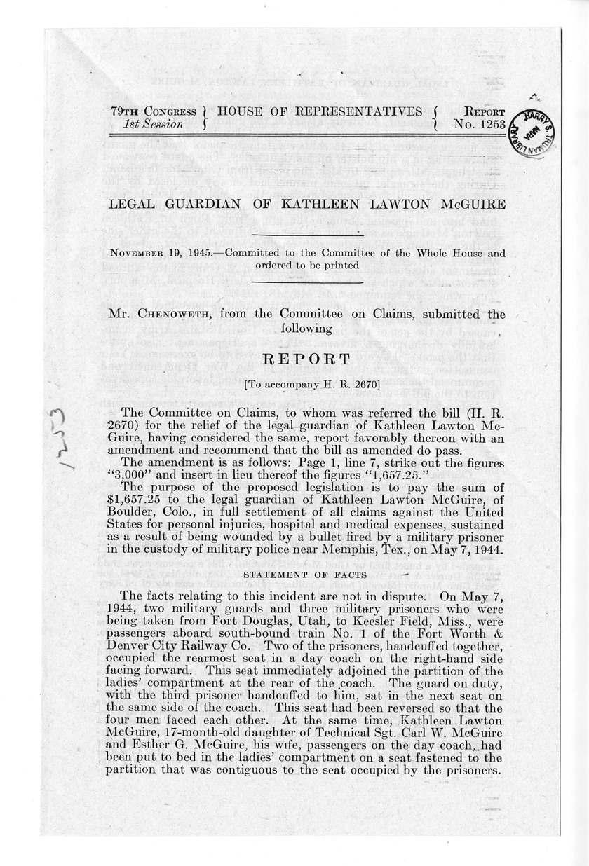 Memorandum from Frederick J. Bailey to M. C. Latta, H. R. 2670, For the Relief of the Legal Guardian of Kathleen Lawton McGuire, with Attachments