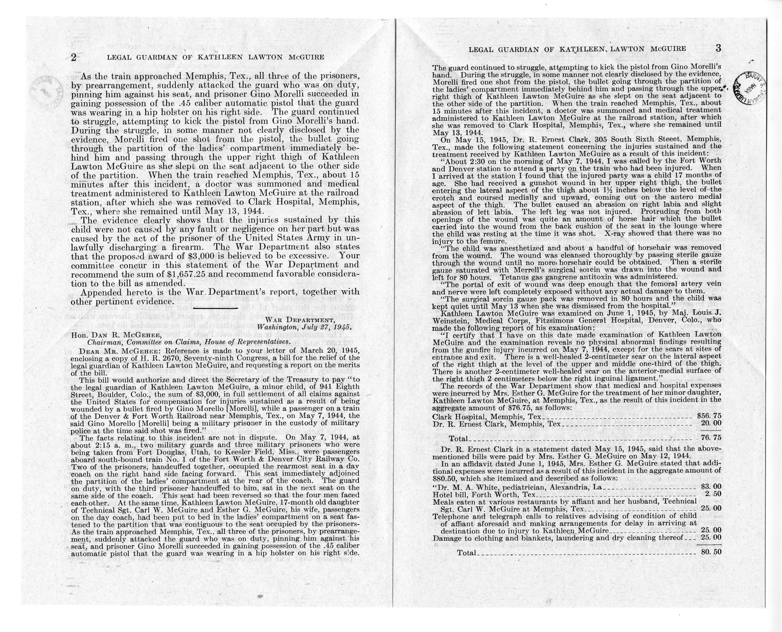 Memorandum from Frederick J. Bailey to M. C. Latta, H. R. 2670, For the Relief of the Legal Guardian of Kathleen Lawton McGuire, with Attachments